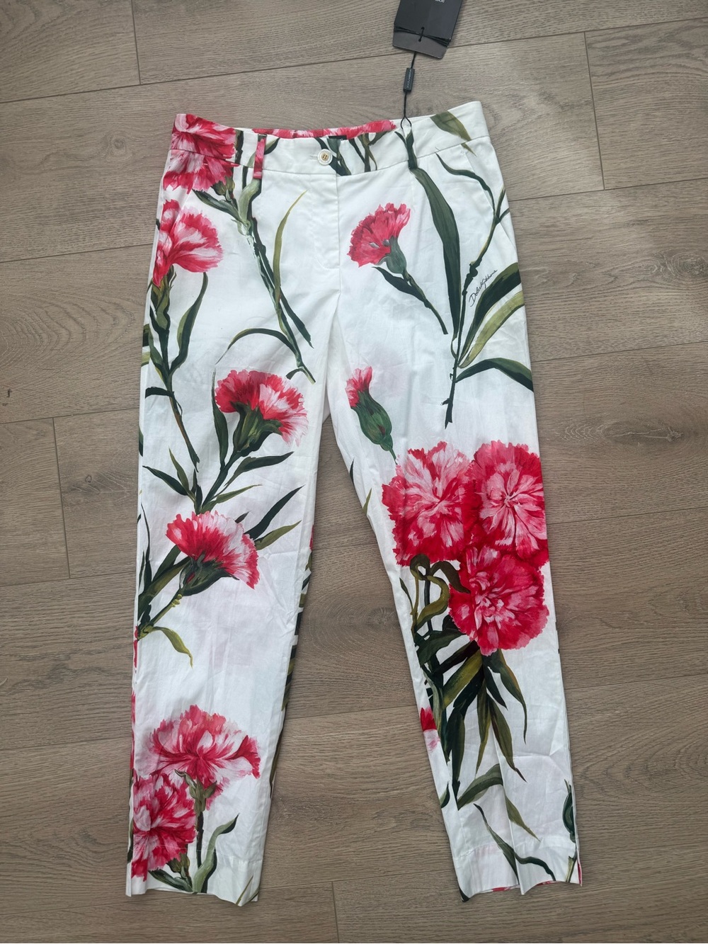 Dolce & Gabbana White Pants with Pink Floral Print